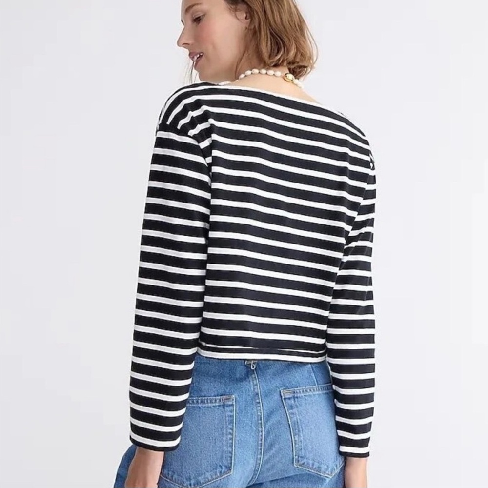 J. Crew Black and White Striped Cropped Boatneck Shirt - Picture 3 of 5